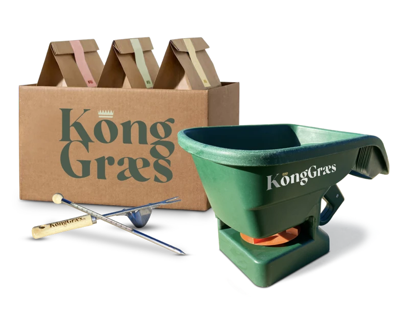 Indhold i KongGræs startpakke (gødningsspreder, termometer, ph-måler mm.)